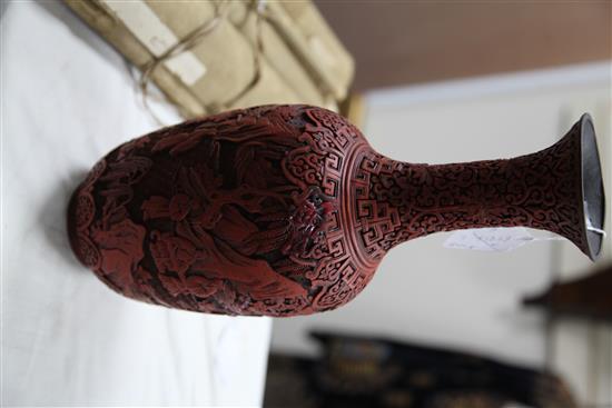 A Chinese cinnabar lacquer vase and a similar rectangular box and cover, 35cm and 9cm